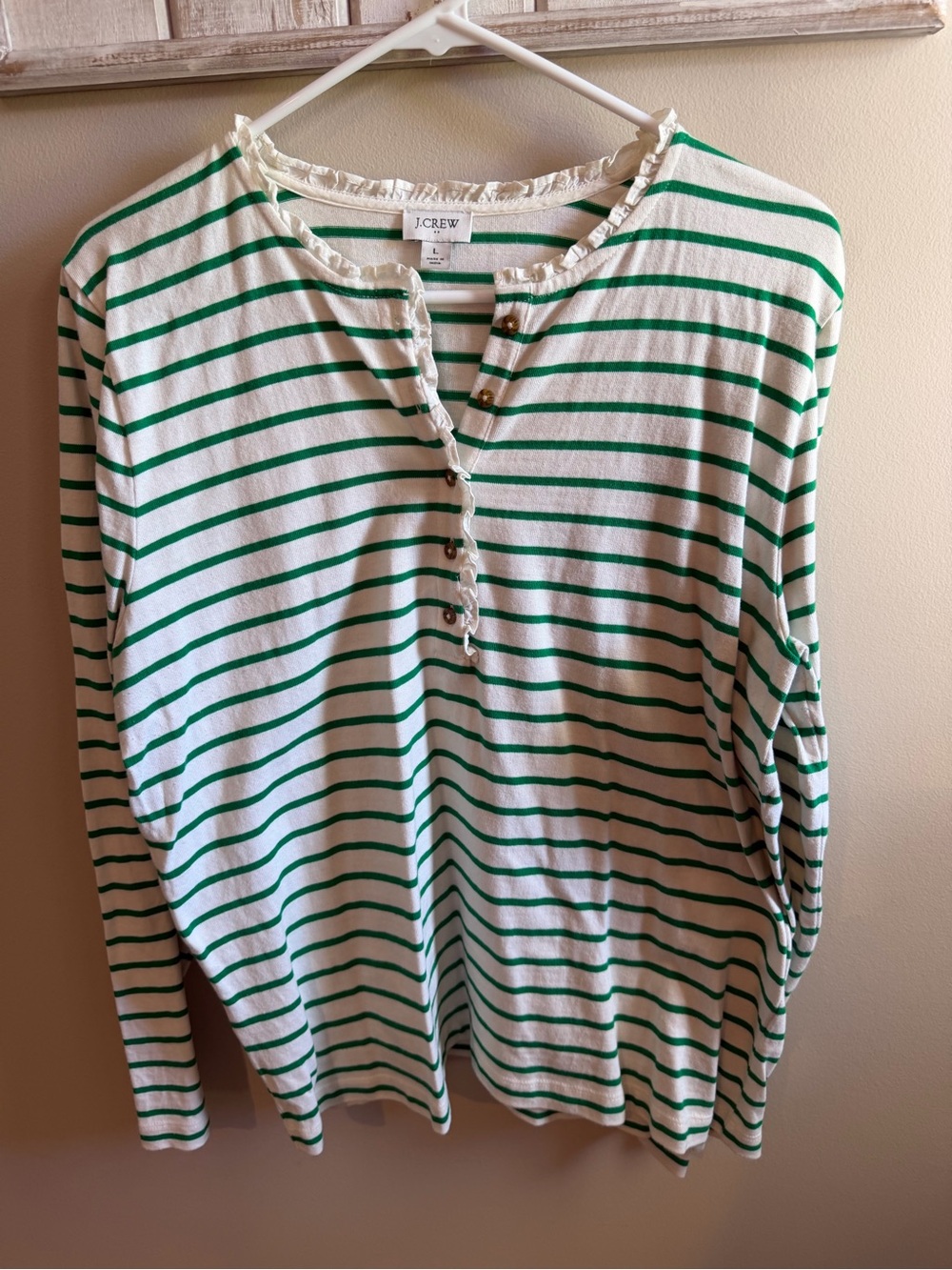 J. Crew Cream and Green Striped Ruffle Henley Top